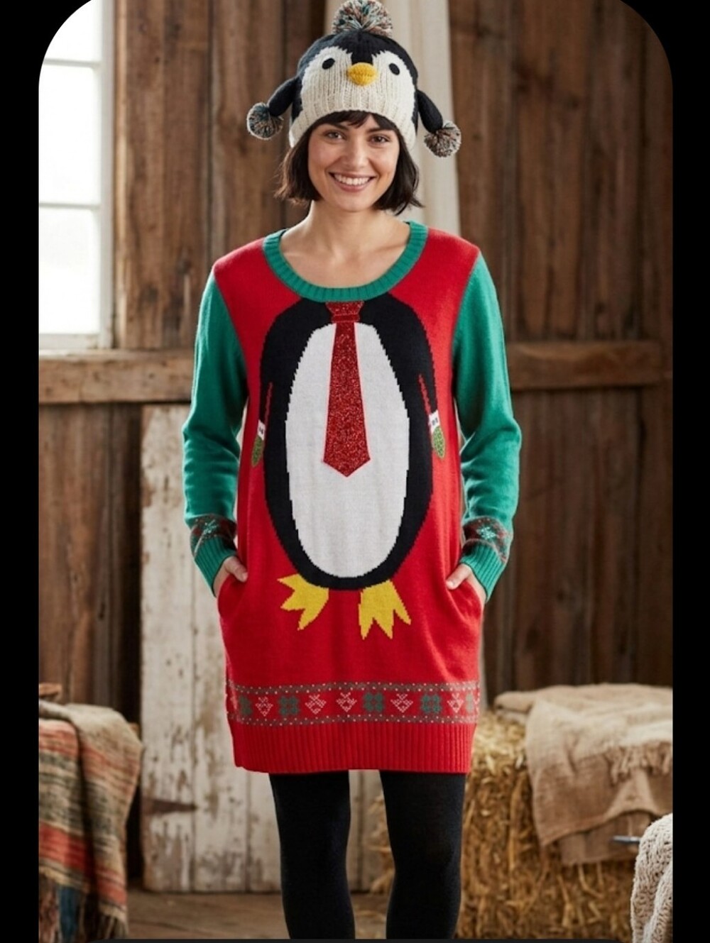 Funny Penguin Christmas Sweater Tunic XL Holiday Party